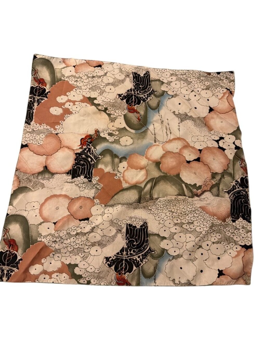 Vintage 1960s Symphony Scarf Asian Flowers Chicken Sewn Edges Peach Estate 20.5"